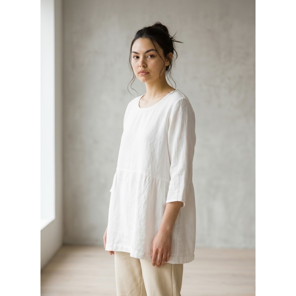 Pure Jill J. Jill‎ White Linen Blend 3/4 Sleeve Seamed Tunic Top Womens Medium